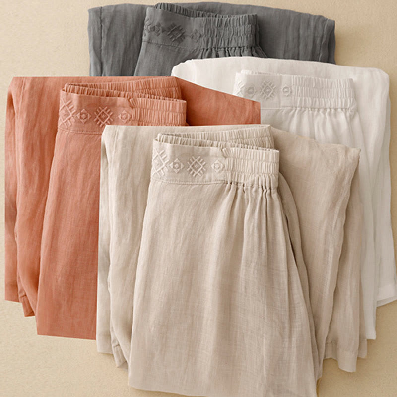 Pantalon large en coton et lin pour femme, avec poches, broderie géométrique et Buddha Stones , taille élastique