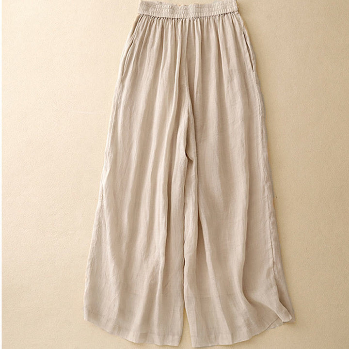 Pantalon large en coton et lin pour femme, avec poches, broderie géométrique et Buddha Stones , taille élastique