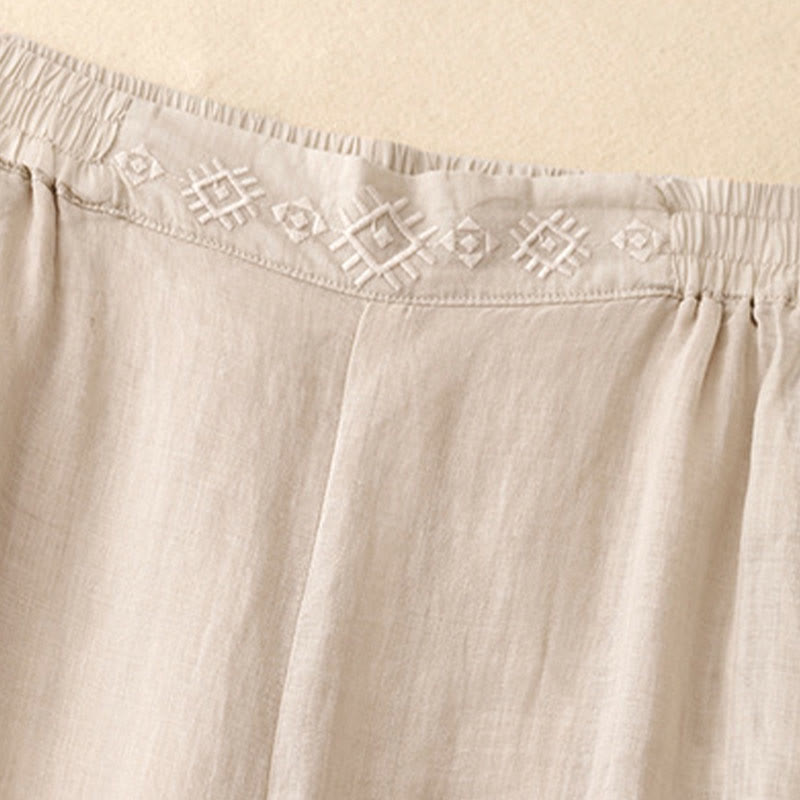 Pantalon large en coton et lin pour femme, avec poches, broderie géométrique et Buddha Stones , taille élastique