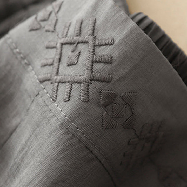 Pantalon large en coton et lin pour femme, avec poches, broderie géométrique et Buddha Stones , taille élastique