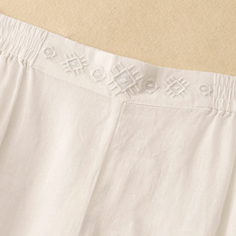 Pantalon large en coton et lin pour femme, avec poches, broderie géométrique et Buddha Stones , taille élastique