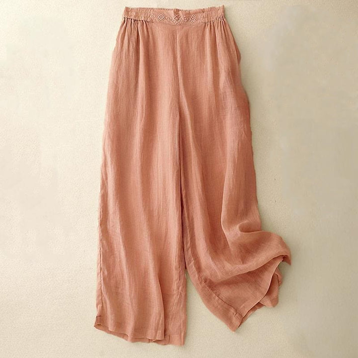 Pantalon large en coton et lin pour femme, avec poches, broderie géométrique et Buddha Stones , taille élastique