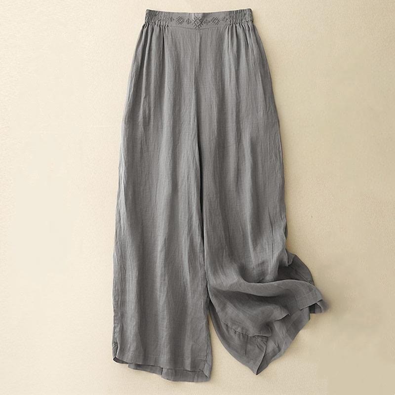 Pantalon large en coton et lin pour femme, avec poches, broderie géométrique et Buddha Stones , taille élastique