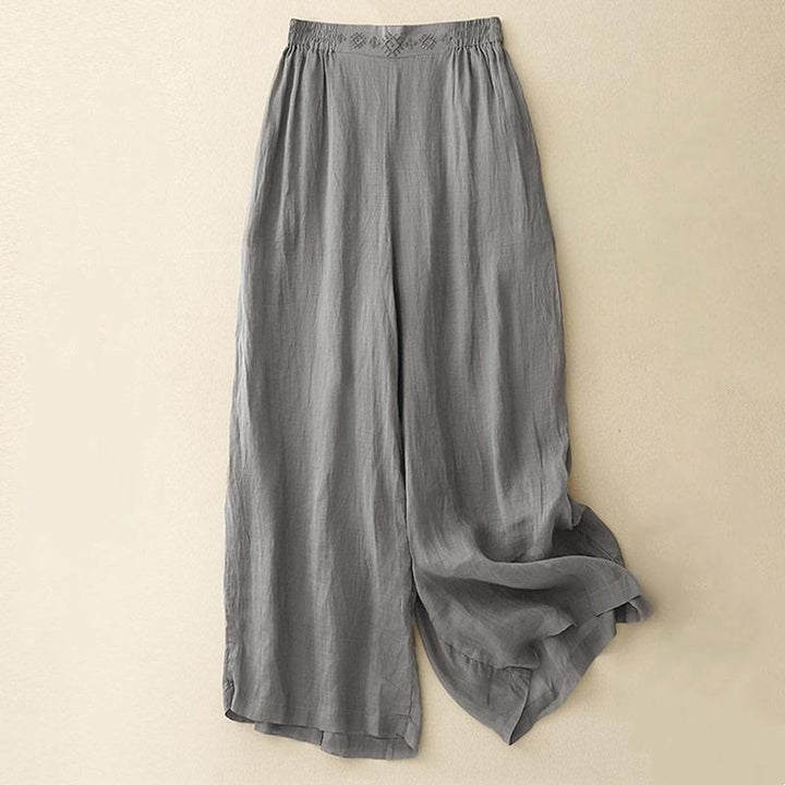 Pantalon large en coton et lin pour femme, avec poches, broderie géométrique et Buddha Stones , taille élastique