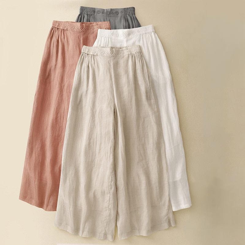 Pantalon large en coton et lin pour femme, avec poches, broderie géométrique et Buddha Stones , taille élastique