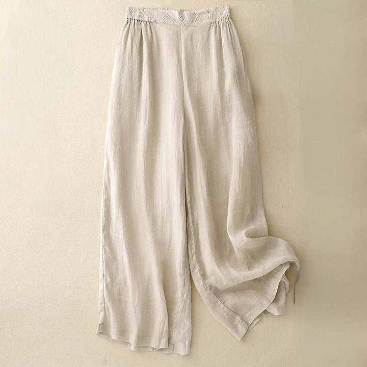 Pantalon large en coton et lin pour femme, avec poches, broderie géométrique et Buddha Stones , taille élastique