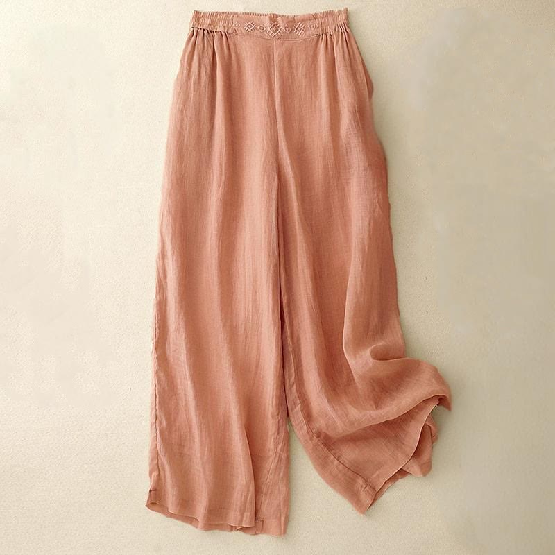 Pantalon large en coton et lin pour femme, avec poches, broderie géométrique et Buddha Stones , taille élastique - Saumon clair - US8-10，UK/AU12-14，EU40-42 (2XL) - image 0