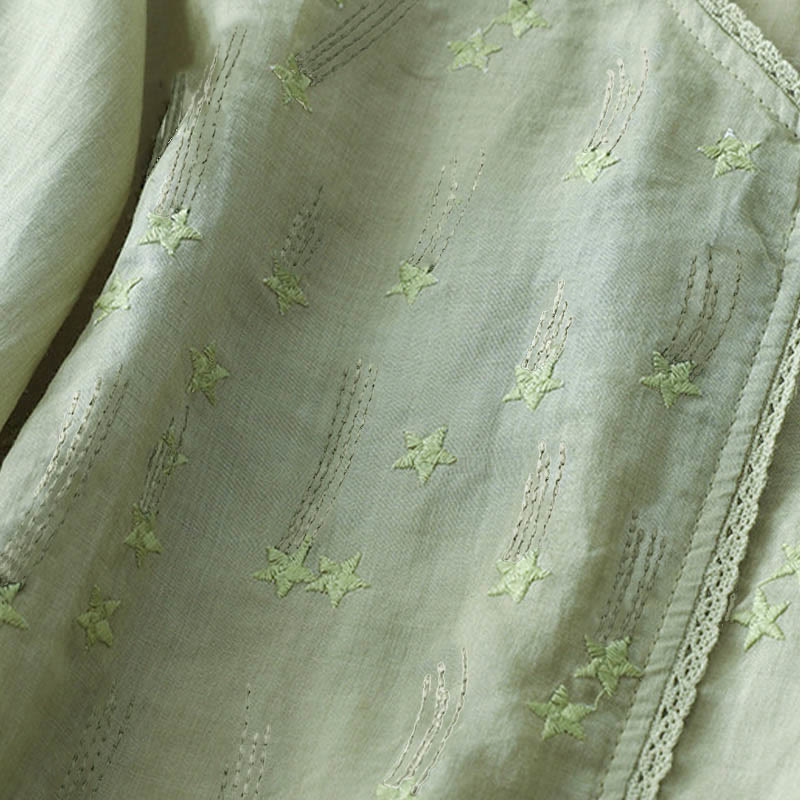 Chemise décontractée en coton et lin pour femme, motif Buddha Stones, broderie étoile filante, col en V, manches mi-longues - image 13