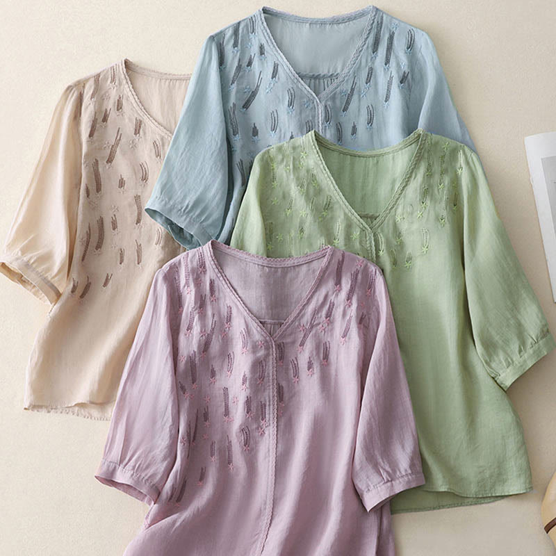 Chemise décontractée en coton et lin pour femme, motif Buddha Stones, broderie étoile filante, col en V, manches mi-longues - image 24