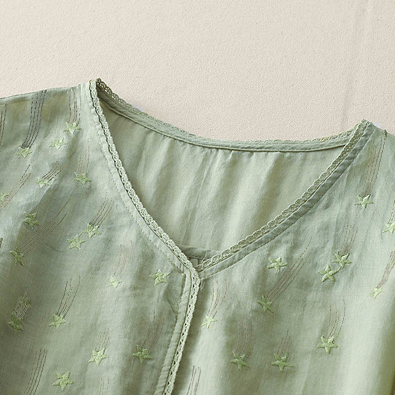 Chemise décontractée en coton et lin pour femme, motif Buddha Stones, broderie étoile filante, col en V, manches mi-longues - image 10