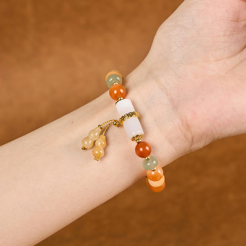 Bracelet porte-bonheur en Buddha Stones de jade et soie dorées, en forme de gourde, cristal blanc