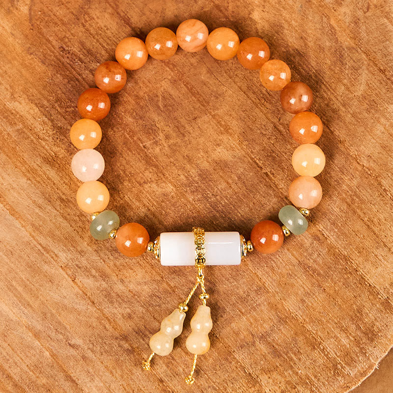 Bracelet porte-bonheur en Buddha Stones de jade et soie dorées, en forme de gourde, cristal blanc