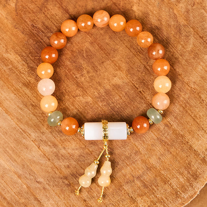 Bracelet porte-bonheur en Buddha Stones de jade et soie dorées, en forme de gourde, cristal blanc