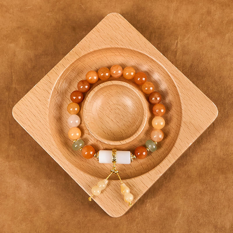 Bracelet porte-bonheur en Buddha Stones de jade et soie dorées, en forme de gourde, cristal blanc