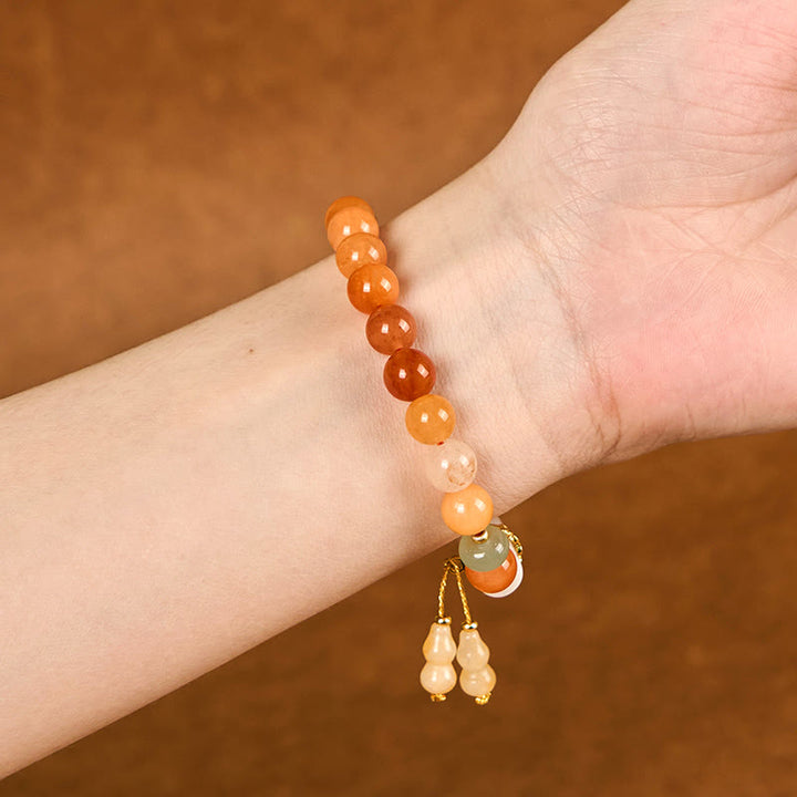 Bracelet porte-bonheur en Buddha Stones de jade et soie dorées, en forme de gourde, cristal blanc