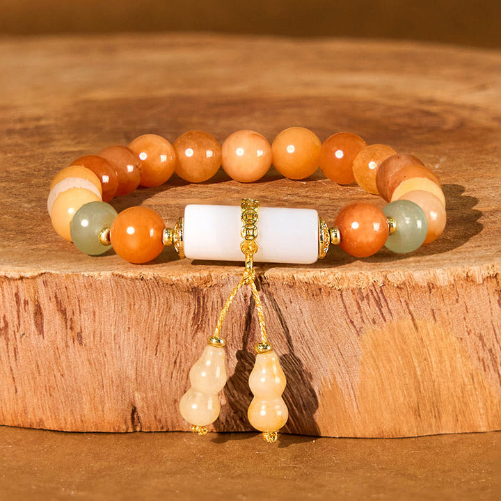 Bracelet porte-bonheur en Buddha Stones de jade et soie dorées, en forme de gourde, cristal blanc