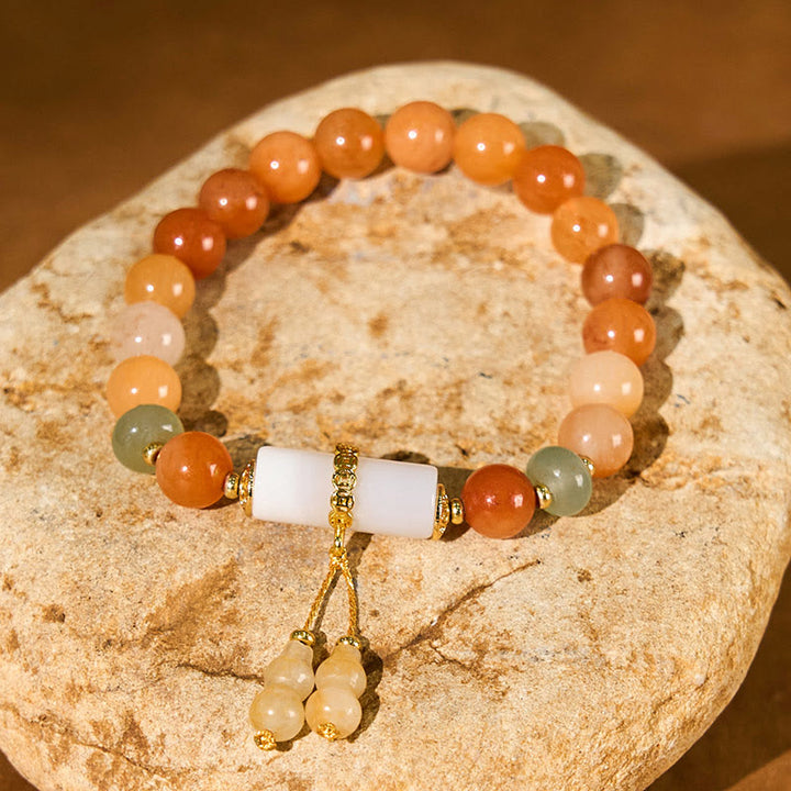 Bracelet porte-bonheur en Buddha Stones de jade et soie dorées, en forme de gourde, cristal blanc