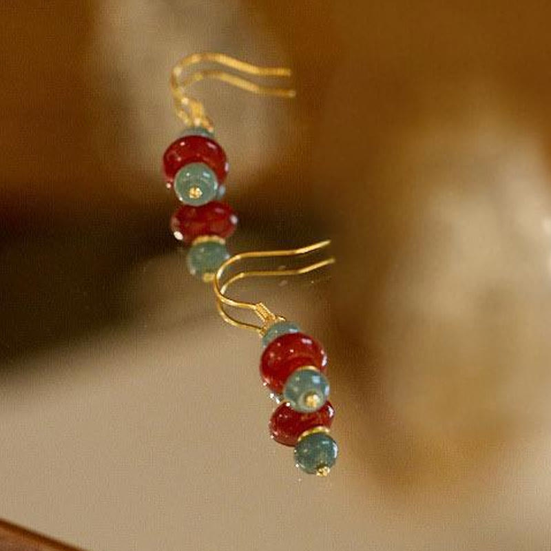 Buddha Stones d'oreilles porte-bonheur en argent sterling 925, jade et agate rouge