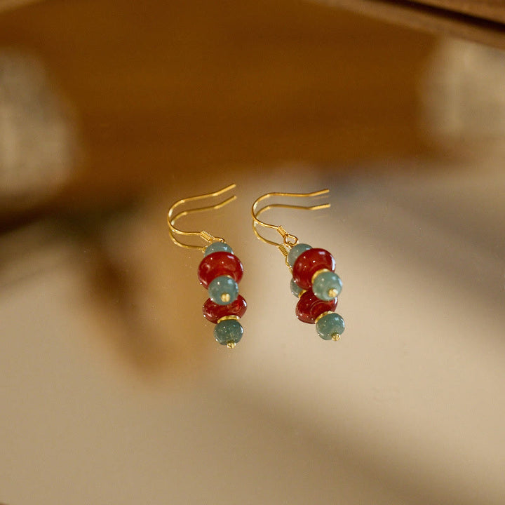 Buddha Stones d'oreilles porte-bonheur en argent sterling 925, jade et agate rouge