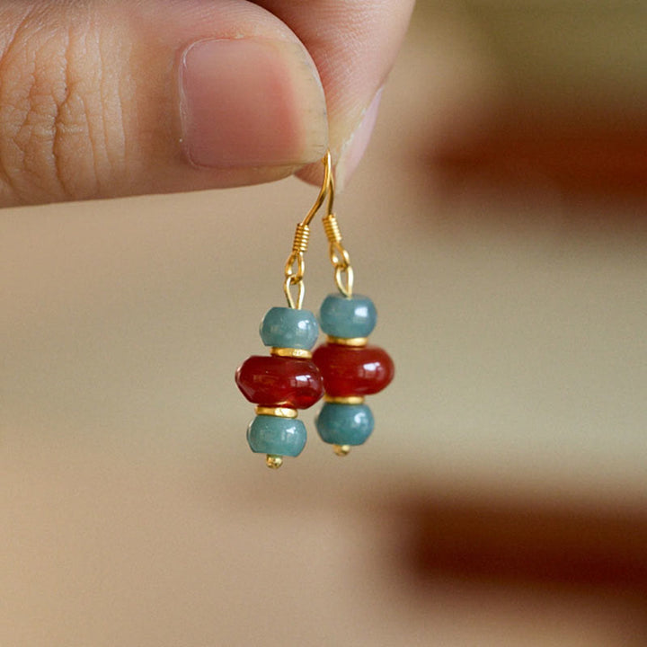 Buddha Stones d'oreilles porte-bonheur en argent sterling 925, jade et agate rouge