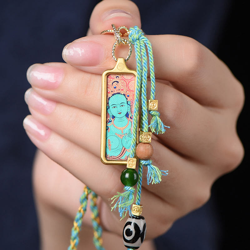 Buddha Stones pendentif Thangka en acier titane représentant le dieu de la richesse du Tibet