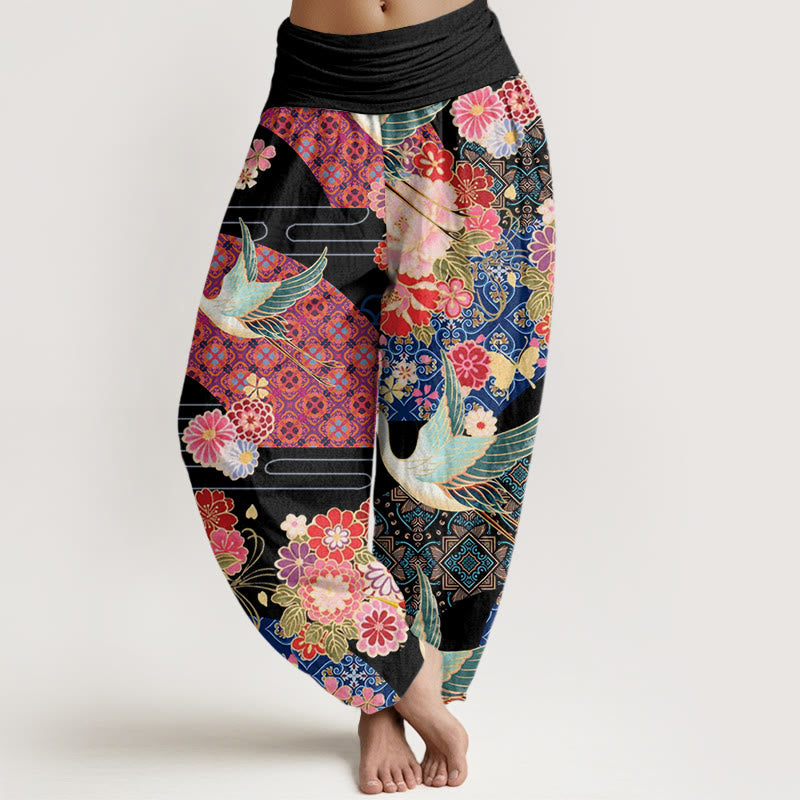 Pantalon sarouel à taille élastique pour femme, motif fleurs et grues, Buddha Stones - Noir - US22，UK/AU26，EU54 (6XL) - image 1
