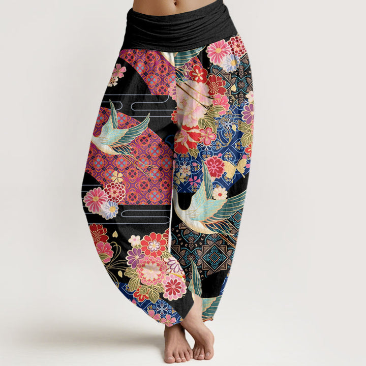 Pantalon sarouel à taille élastique pour femme, motif fleurs et grues, Buddha Stones - Noir - US22，UK/AU26，EU54 (6XL) - image 1