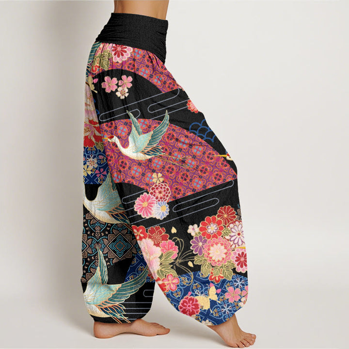 Pantalon sarouel à taille élastique pour femme, motif fleurs et grues, Buddha Stones - image 3