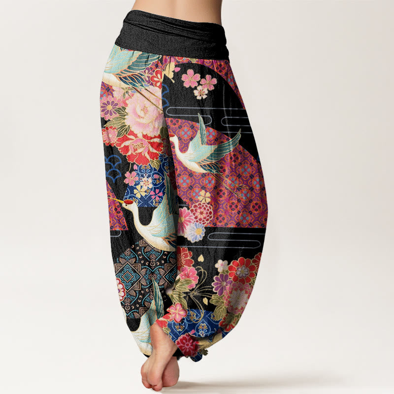 Pantalon sarouel à taille élastique pour femme, motif fleurs et grues, Buddha Stones - image 2