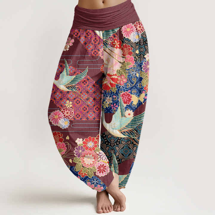 Pantalon sarouel à taille élastique pour femme, motif fleurs et grues, Buddha Stones - Brun - US22，UK/AU26，EU54 (6XL) - image 5