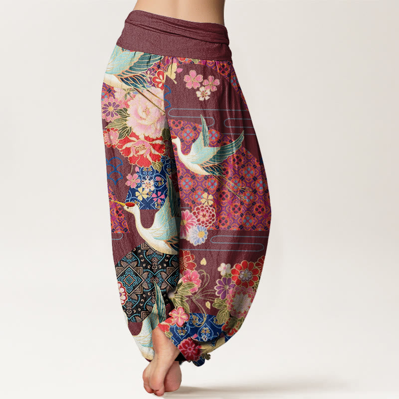Pantalon sarouel à taille élastique pour femme, motif fleurs et grues, Buddha Stones - image 6