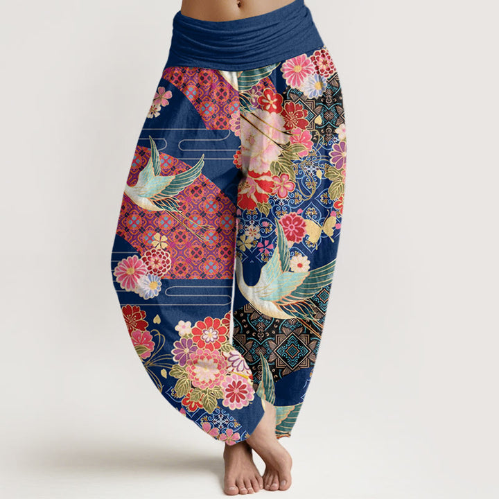 Pantalon sarouel à taille élastique pour femme, motif fleurs et grues, Buddha Stones - Bleu acier - US22，UK/AU26，EU54 (6XL) - image 8