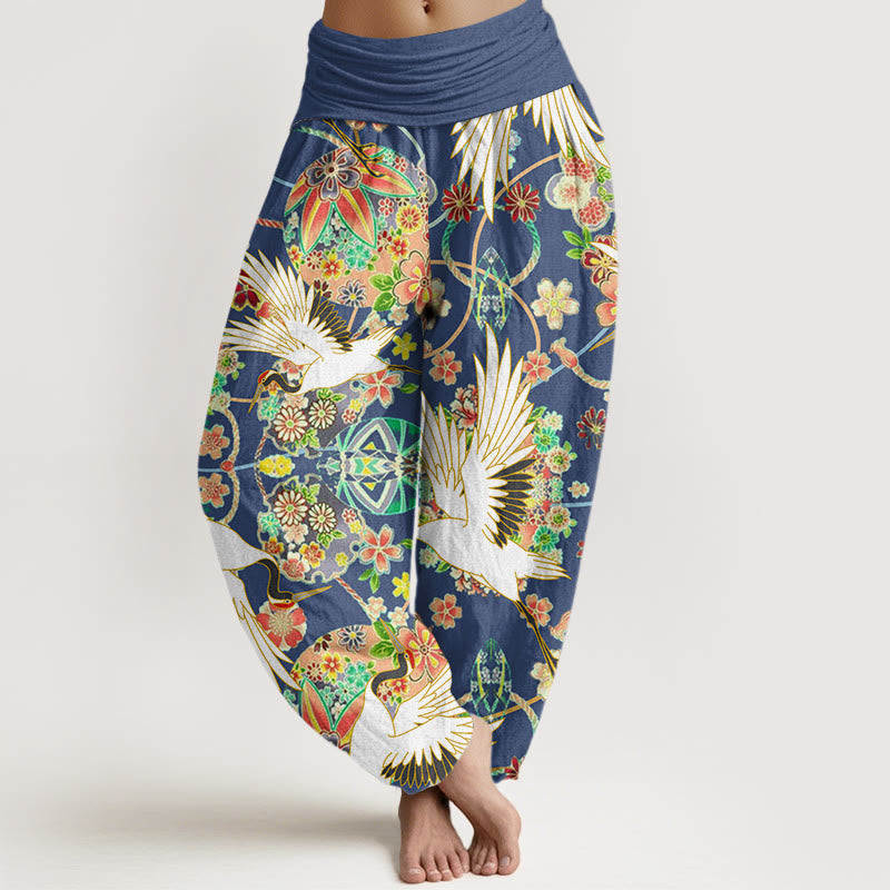 Pantalon harem femme en coton à motif géométrique floral et grues, orné de Buddha Stones , taille élastique - Bleu royal - US22，UK/AU26，EU54 (6XL) - image 0