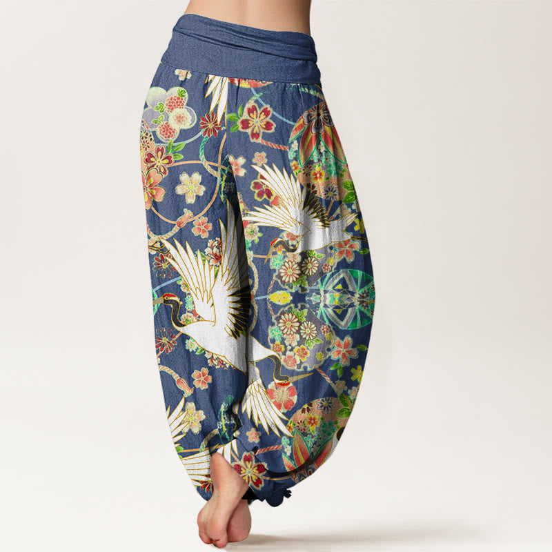 Pantalon harem femme en coton à motif géométrique floral et grues, orné de Buddha Stones , taille élastique - image 1