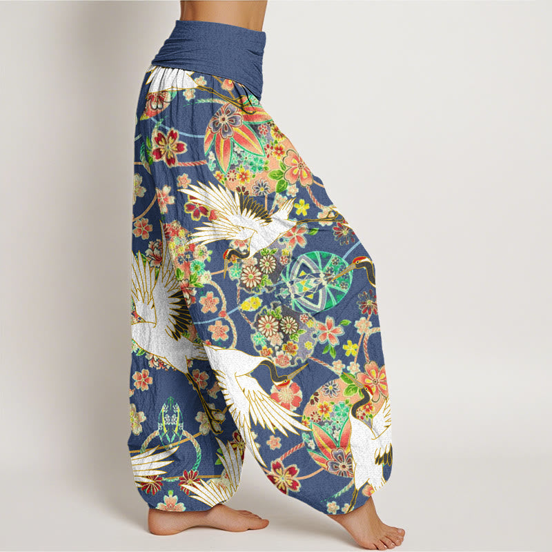 Pantalon harem femme en coton à motif géométrique floral et grues, orné de Buddha Stones , taille élastique - image 2