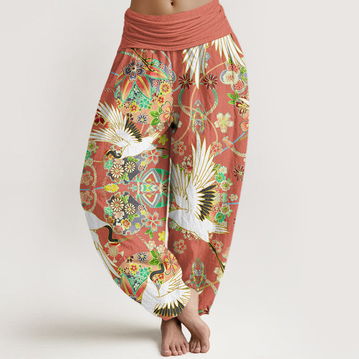 Pantalon sarouel décontracté à taille élastique pour femme, motif floral géométrique, motif grue et Buddha Stones - Orange foncé - US22，UK/AU26，EU54 (6XL) - image 4