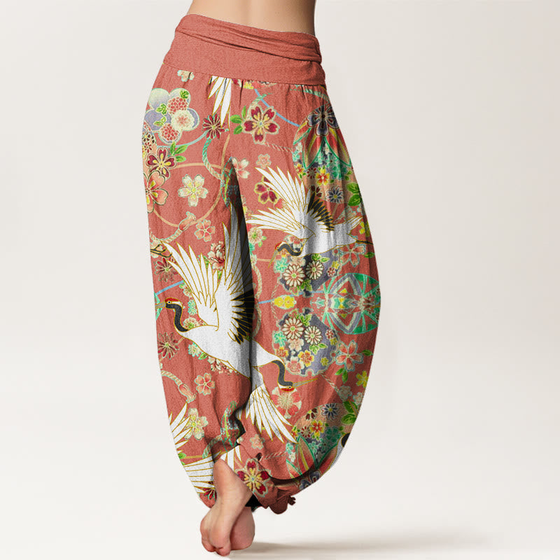 Pantalon harem femme en coton à motif géométrique floral et grues, orné de Buddha Stones , taille élastique - image 5