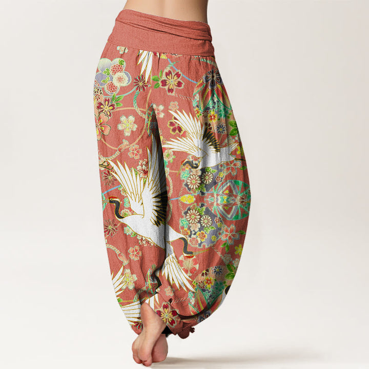 Pantalon harem femme en coton à motif géométrique floral et grues, orné de Buddha Stones , taille élastique - image 5