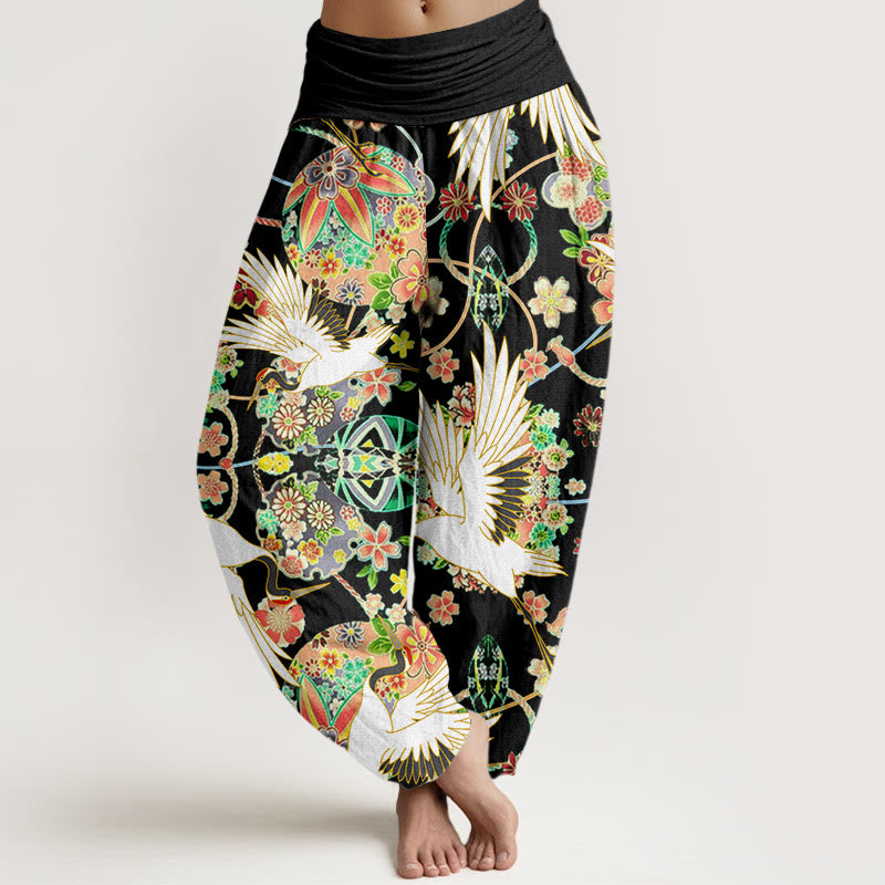 Pantalon sarouel décontracté à taille élastique pour femme, motif floral géométrique, motif grue et Buddha Stones - Noir - US22，UK/AU26，EU54 (6XL) - image 7