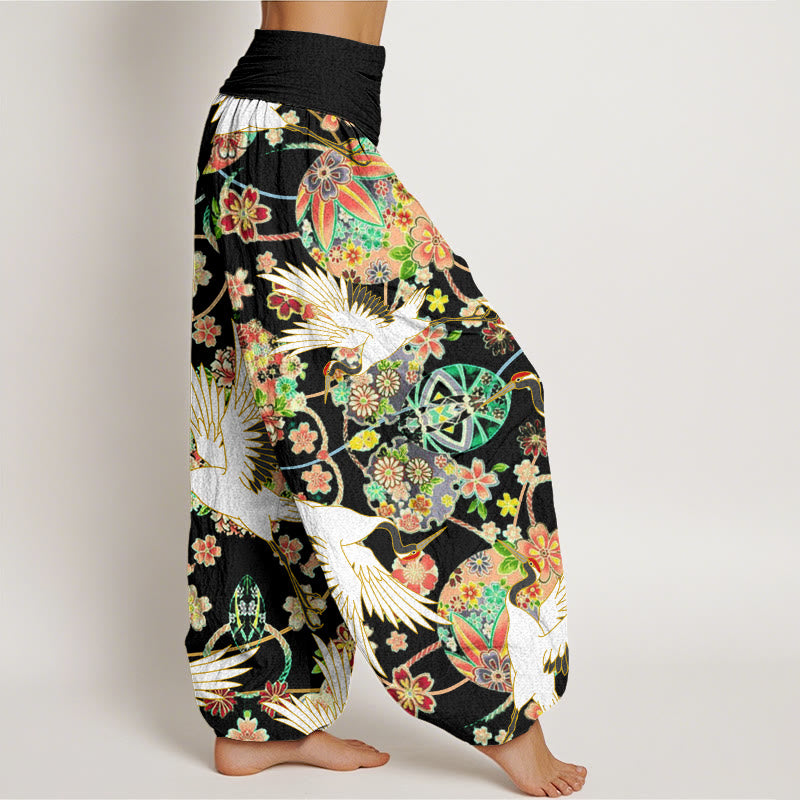 Pantalon harem femme en coton à motif géométrique floral et grues, orné de Buddha Stones , taille élastique - image 9