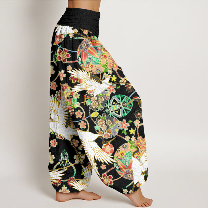 Pantalon harem femme en coton à motif géométrique floral et grues, orné de Buddha Stones , taille élastique - image 9