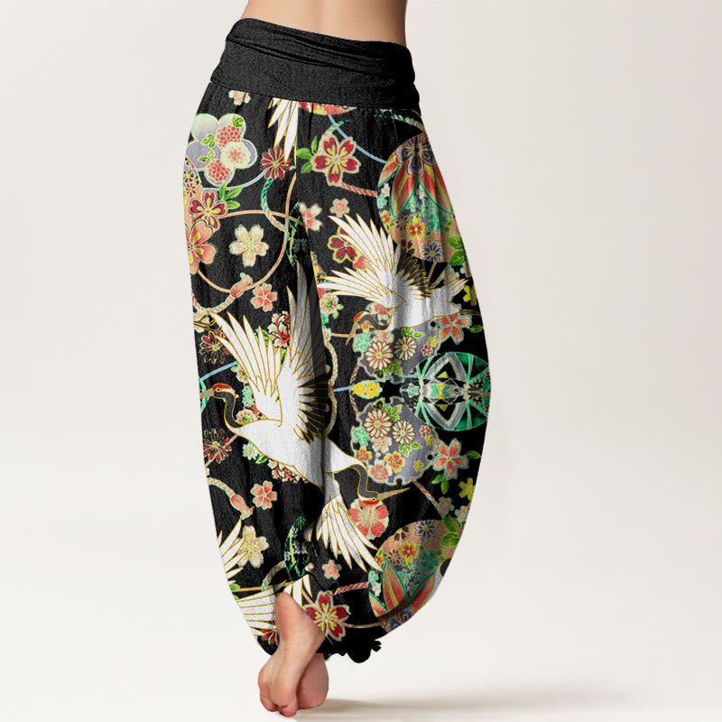 Pantalon harem femme en coton à motif géométrique floral et grues, orné de Buddha Stones , taille élastique - image 8
