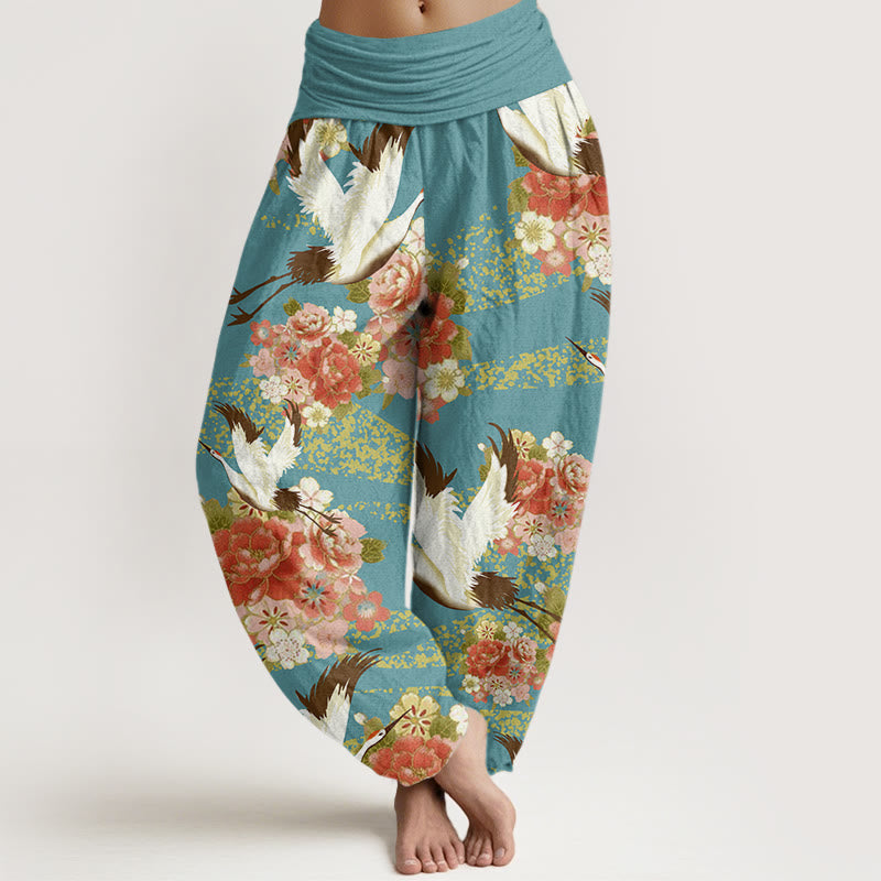 Pantalon Buddha Stones décontracté à taille élastique pour femme, motif grue, pivoine et fleurs de cerisier - Turquoise moyen - US22，UK/AU26，EU54 (6XL) - image 1
