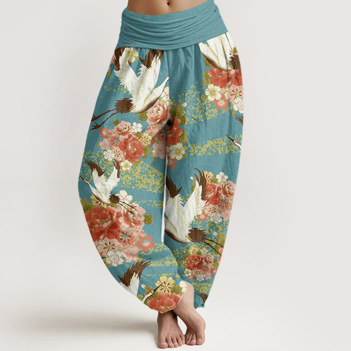 Pantalon Buddha Stones décontracté à taille élastique pour femme, motif grue, pivoine et fleurs de cerisier - Turquoise moyen - US22，UK/AU26，EU54 (6XL) - image 1