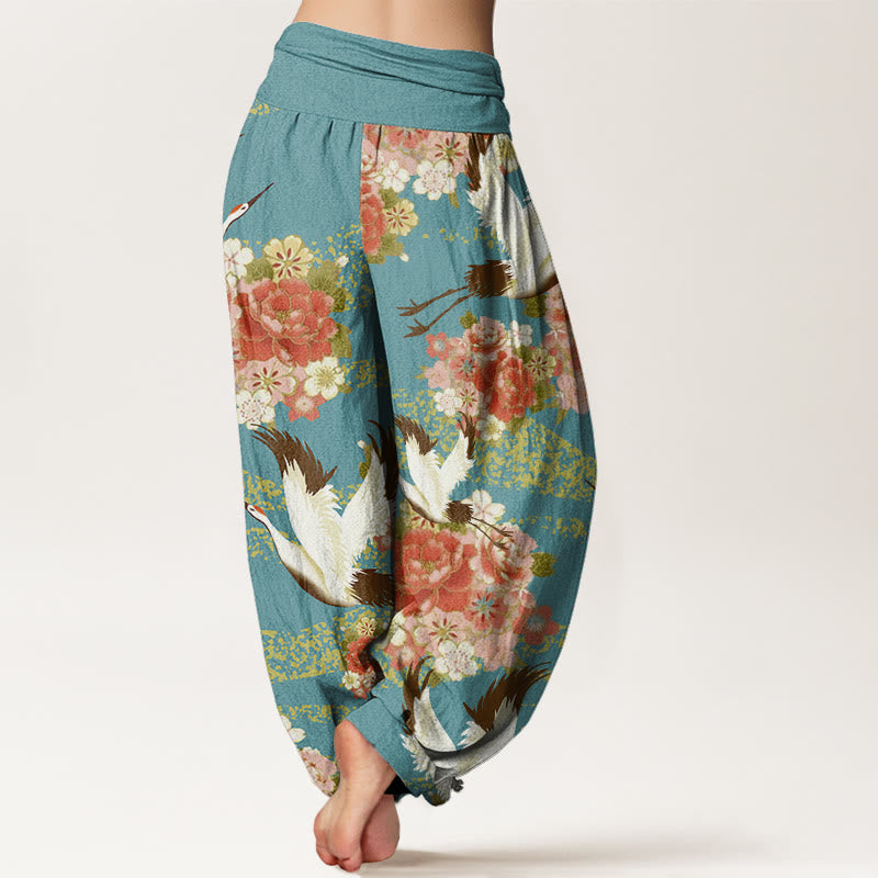 Pantalon Buddha Stones décontracté à taille élastique pour femme, motif grue, pivoine et fleurs de cerisier - image 2