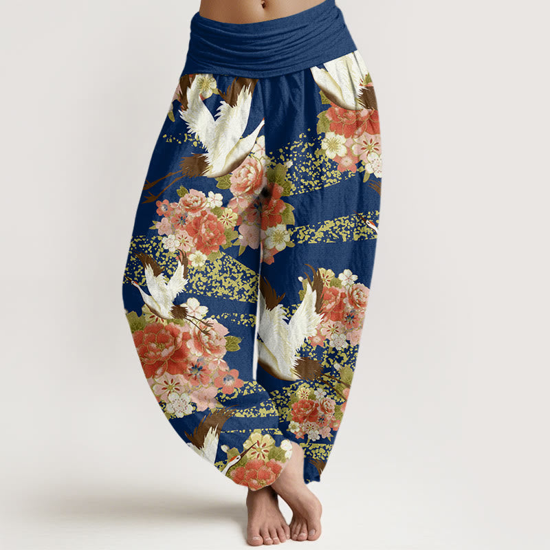 Pantalon Buddha Stones décontracté à taille élastique pour femme, motif grue, pivoine et fleurs de cerisier - Bleu foncé - US22，UK/AU26，EU54 (6XL) - image 5