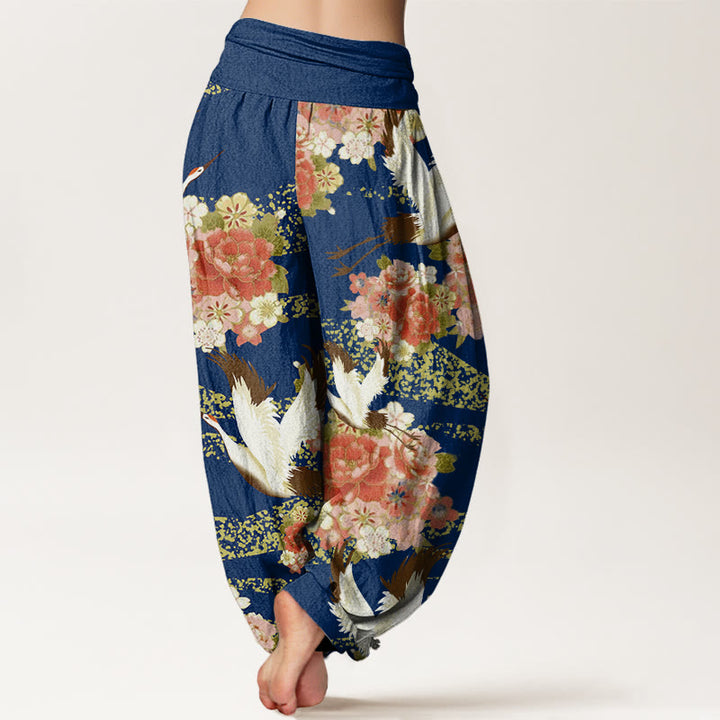 Pantalon Buddha Stones décontracté à taille élastique pour femme, motif grue, pivoine et fleurs de cerisier - image 6