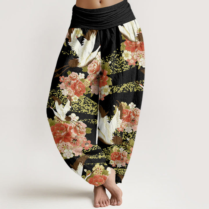 Pantalon Buddha Stones décontracté à taille élastique pour femme, motif grue, pivoine et fleurs de cerisier - Noir - US22，UK/AU26，EU54 (6XL) - image 8