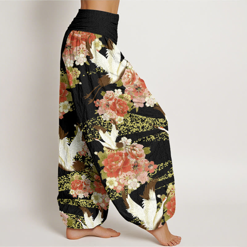 Pantalon Buddha Stones décontracté à taille élastique pour femme, motif grue, pivoine et fleurs de cerisier - image 10