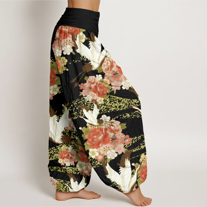 Pantalon Buddha Stones décontracté à taille élastique pour femme, motif grue, pivoine et fleurs de cerisier - image 10